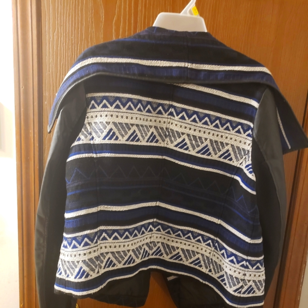 Womens blazer jacket. Black with blue and white design.